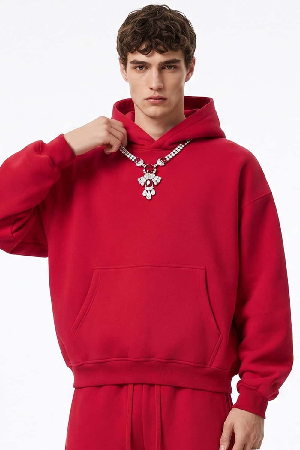 Fleece-Lined Boxy Pullover Hoodie in Red - front modeled view