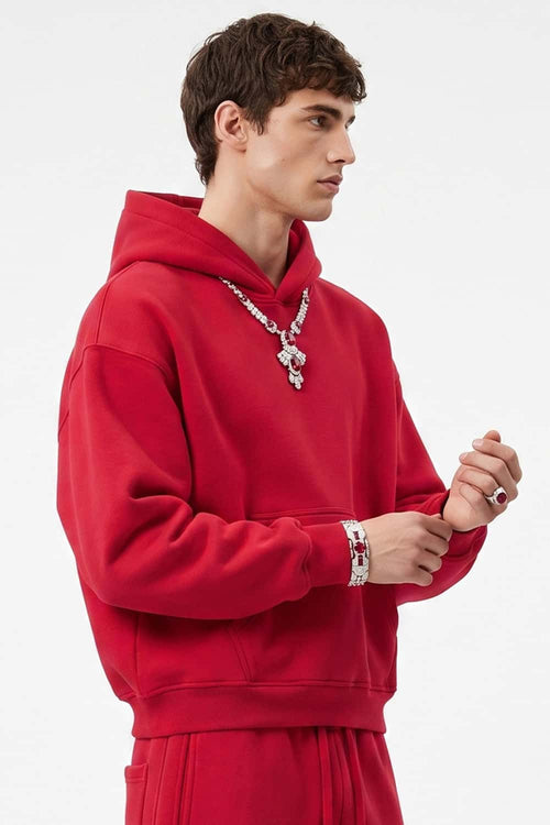 Fleece-Lined Boxy Pullover Hoodie in Red - three-quarter front modeled view
