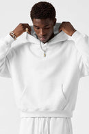 Fleece-Lined Boxy Pullover Hoodie in White - front modeled view