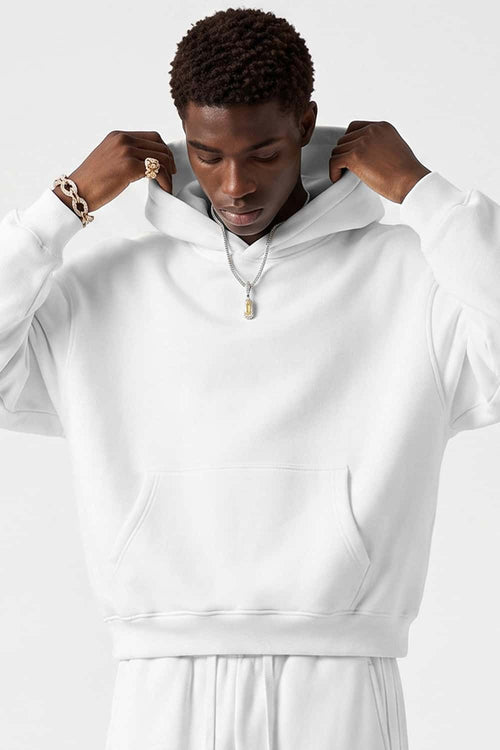 Fleece-Lined Boxy Pullover Hoodie in White - front modeled view