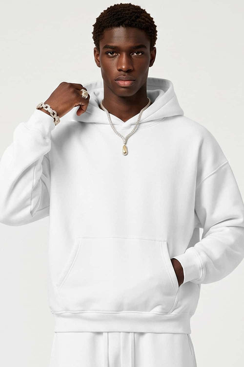 Fleece-Lined Boxy Pullover Hoodie in White - three-quarter front modeled view