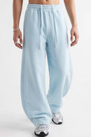 Fleece-Lined Wide-Leg Drawstring Trousers in Baby Blue - full-length front modeled view