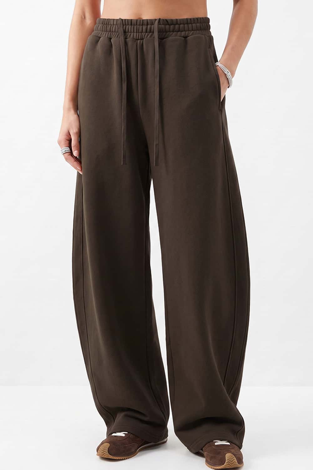 Fleece-Lined Wide-Leg Drawstring Trousers in Brown - full-length front modeled view