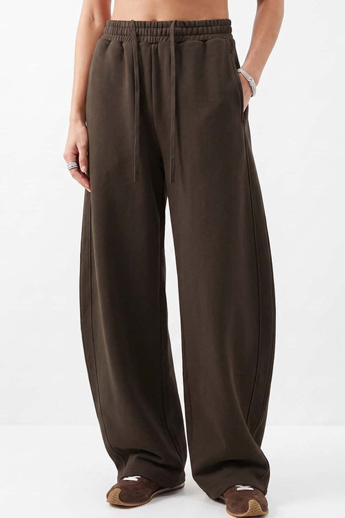 Fleece-Lined Wide-Leg Drawstring Trousers in Brown - full-length front modeled view