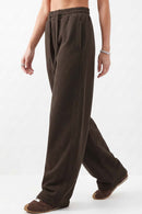 Fleece-Lined Wide-Leg Drawstring Trousers in Brown - three-quarter front modeled view