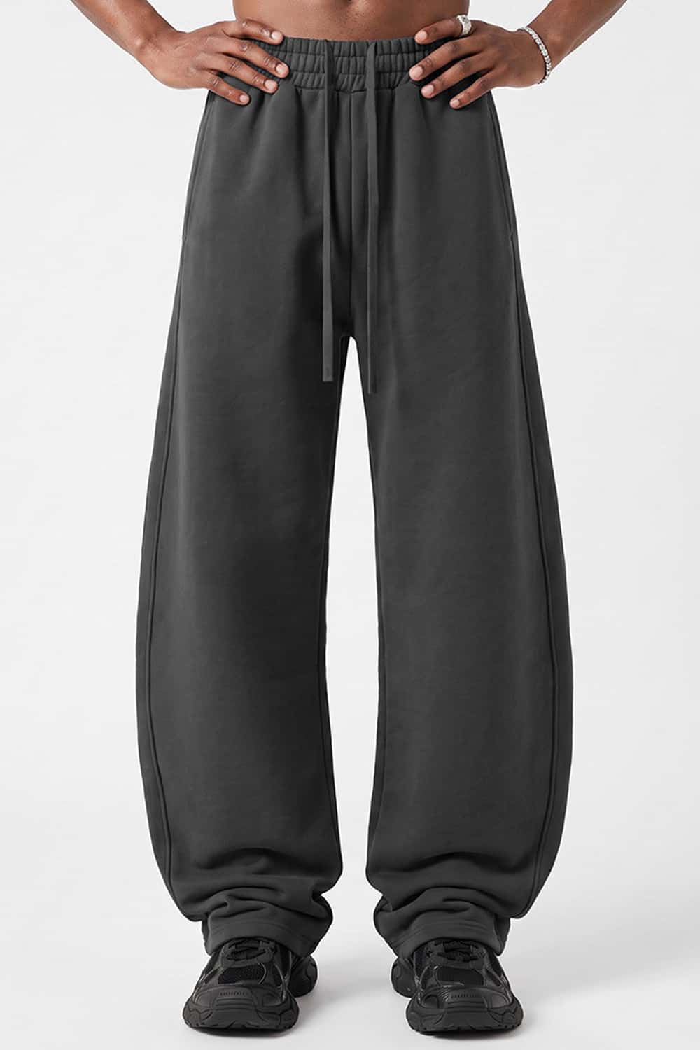 Fleece-Lined Wide-Leg Drawstring Trousers in Dark Gray - full-length front modeled view