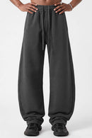 Fleece-Lined Wide-Leg Drawstring Trousers in Dark Gray - full-length front modeled view