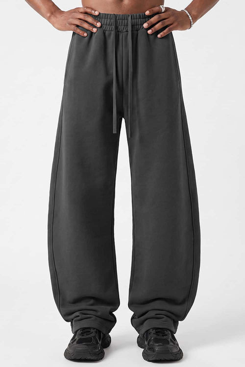 Fleece-Lined Wide-Leg Drawstring Trousers in Dark Gray - full-length front modeled view