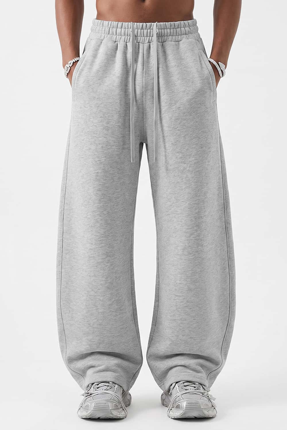 Fleece-Lined Wide-Leg Drawstring Trousers in Flower Gray - full-length front modeled view