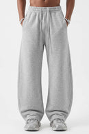 Fleece-Lined Wide-Leg Drawstring Trousers in Flower Gray - full-length front modeled view