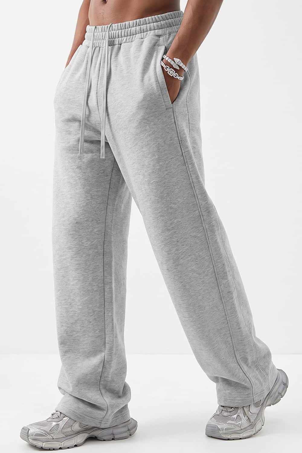 Fleece-Lined Wide-Leg Drawstring Trousers in Flower Gray - front modeled view