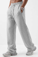 Fleece-Lined Wide-Leg Drawstring Trousers in Flower Gray - front modeled view