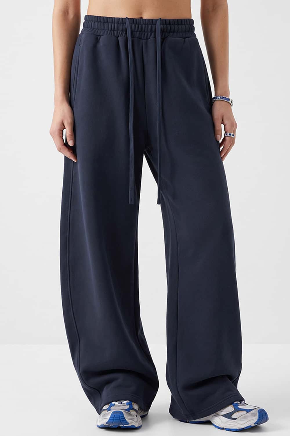 Fleece-Lined Wide-Leg Drawstring Trousers in Midnight Blue - full-length front modeled view