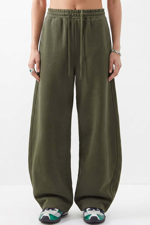 Fleece-Lined Wide-Leg Drawstring Trousers in Military Green - full-length front modeled view