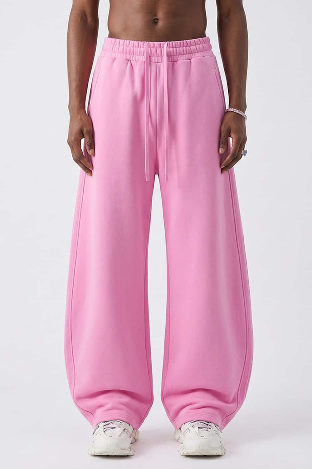 Fleece-Lined Wide-Leg Drawstring Trousers in Pink - full-length front modeled view