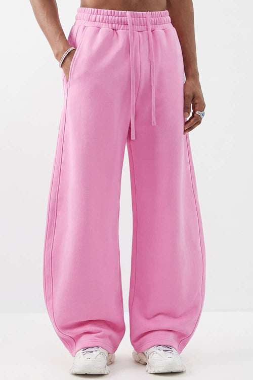 Fleece-Lined Wide-Leg Drawstring Trousers in Pink - front modeled view