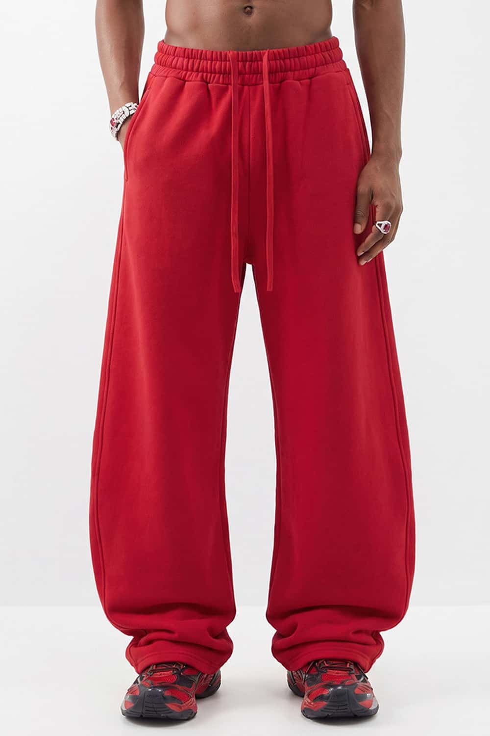 Fleece-Lined Wide-Leg Drawstring Trousers in Red - full-length front modeled view