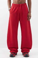 Fleece-Lined Wide-Leg Drawstring Trousers in Red - full-length front modeled view