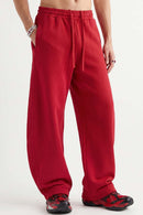Fleece-Lined Wide-Leg Drawstring Trousers in Red - front modeled view