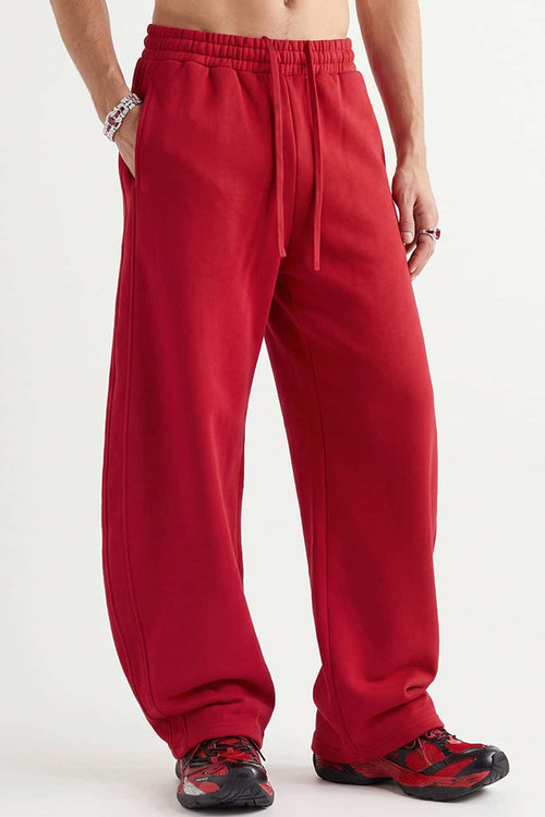Fleece-Lined Wide-Leg Drawstring Trousers in Red - front modeled view