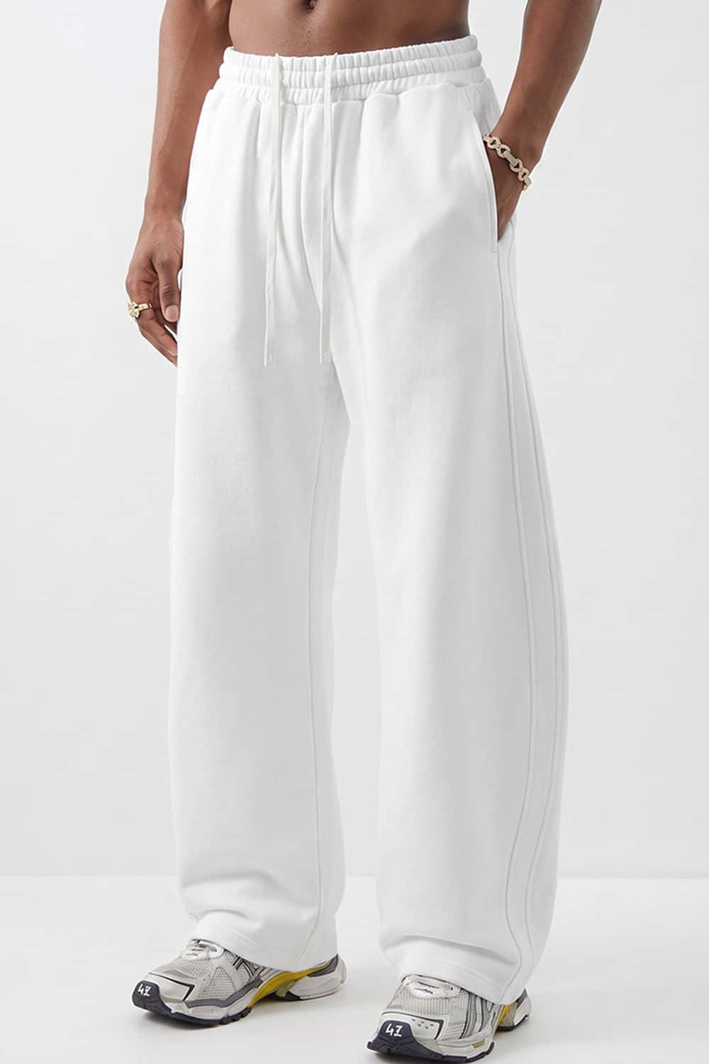 Fleece-Lined Wide-Leg Drawstring Trousers in White - front modeled view