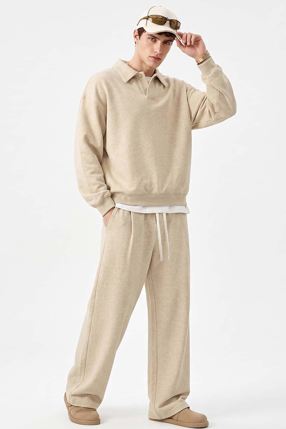 Heavyweight Long-Sleeve Polo Shirt in Apricot - full-length front modeled view