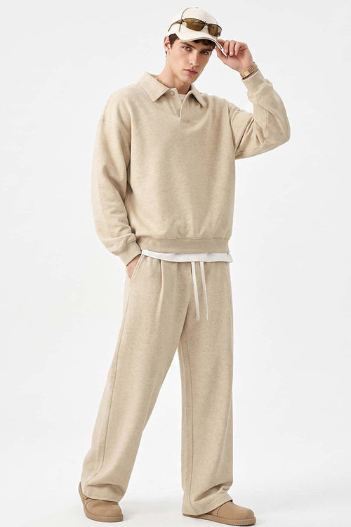 Heavyweight Long-Sleeve Polo Shirt in Apricot - full-length front modeled view