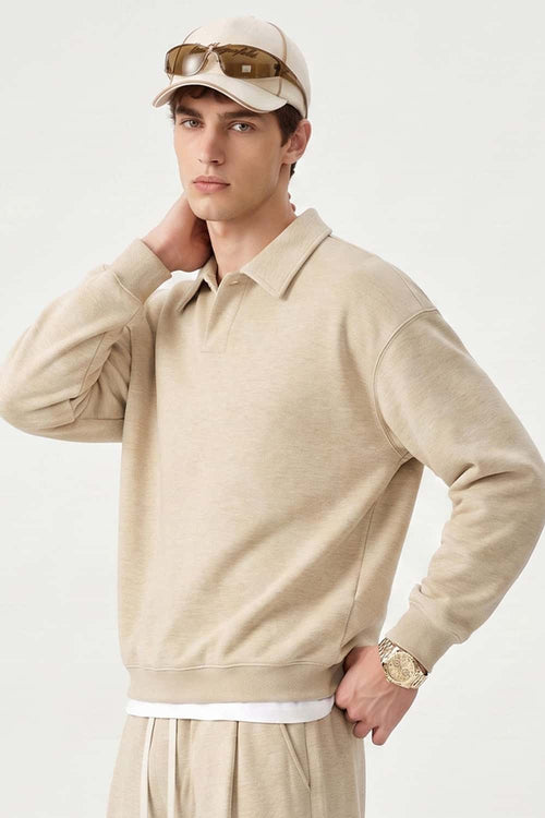 Heavyweight Long-Sleeve Polo Shirt in Apricot - side modeled view