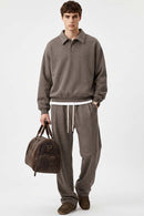 Heavyweight Long-Sleeve Polo Shirt in Coffee - full-length front modeled view