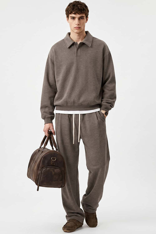 Heavyweight Long-Sleeve Polo Shirt in Coffee - full-length front modeled view
