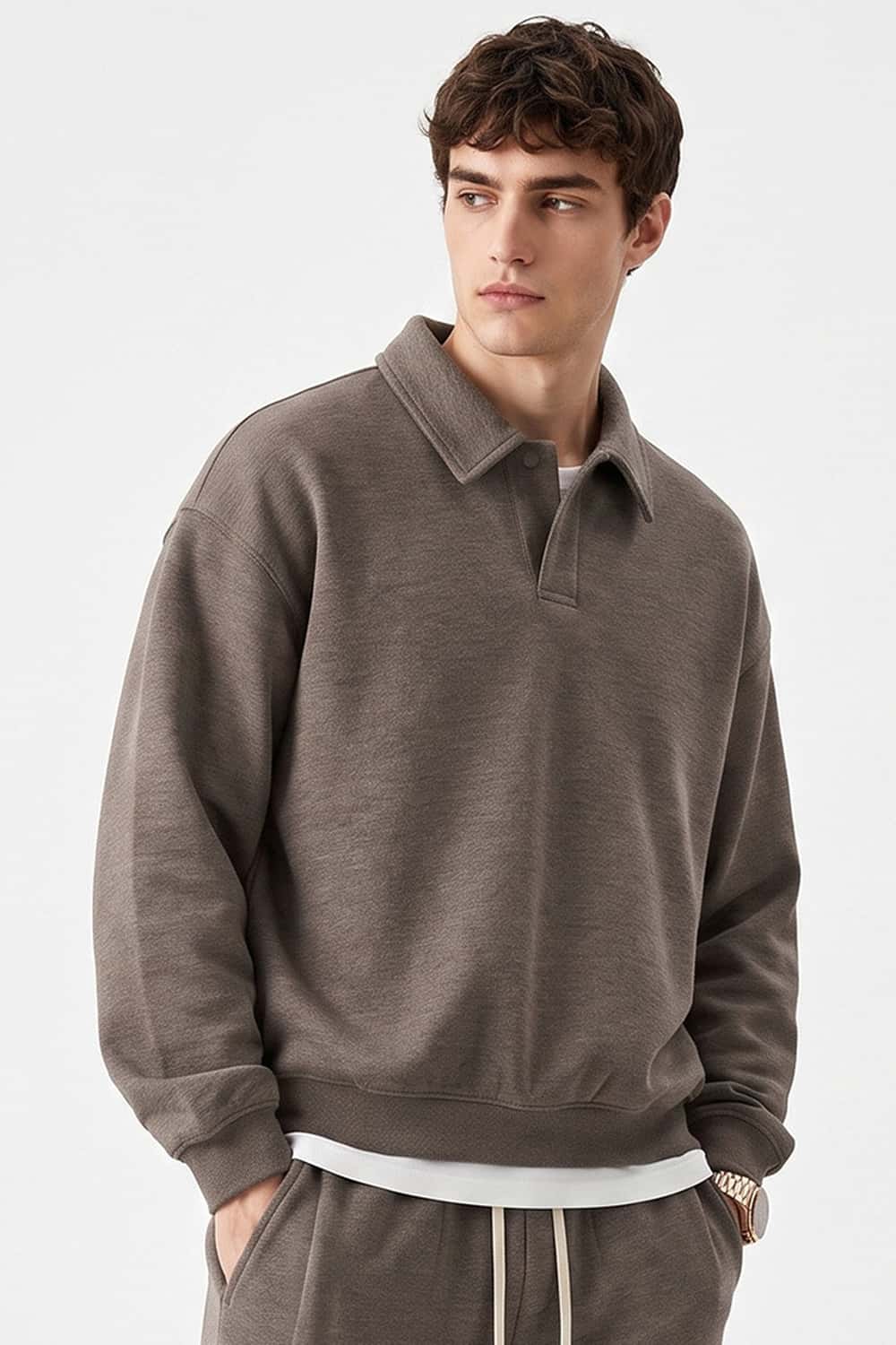 Heavyweight Long-Sleeve Polo Shirt in Coffee - front modeled view
