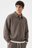 Heavyweight Long-Sleeve Polo Shirt in Coffee - front modeled view