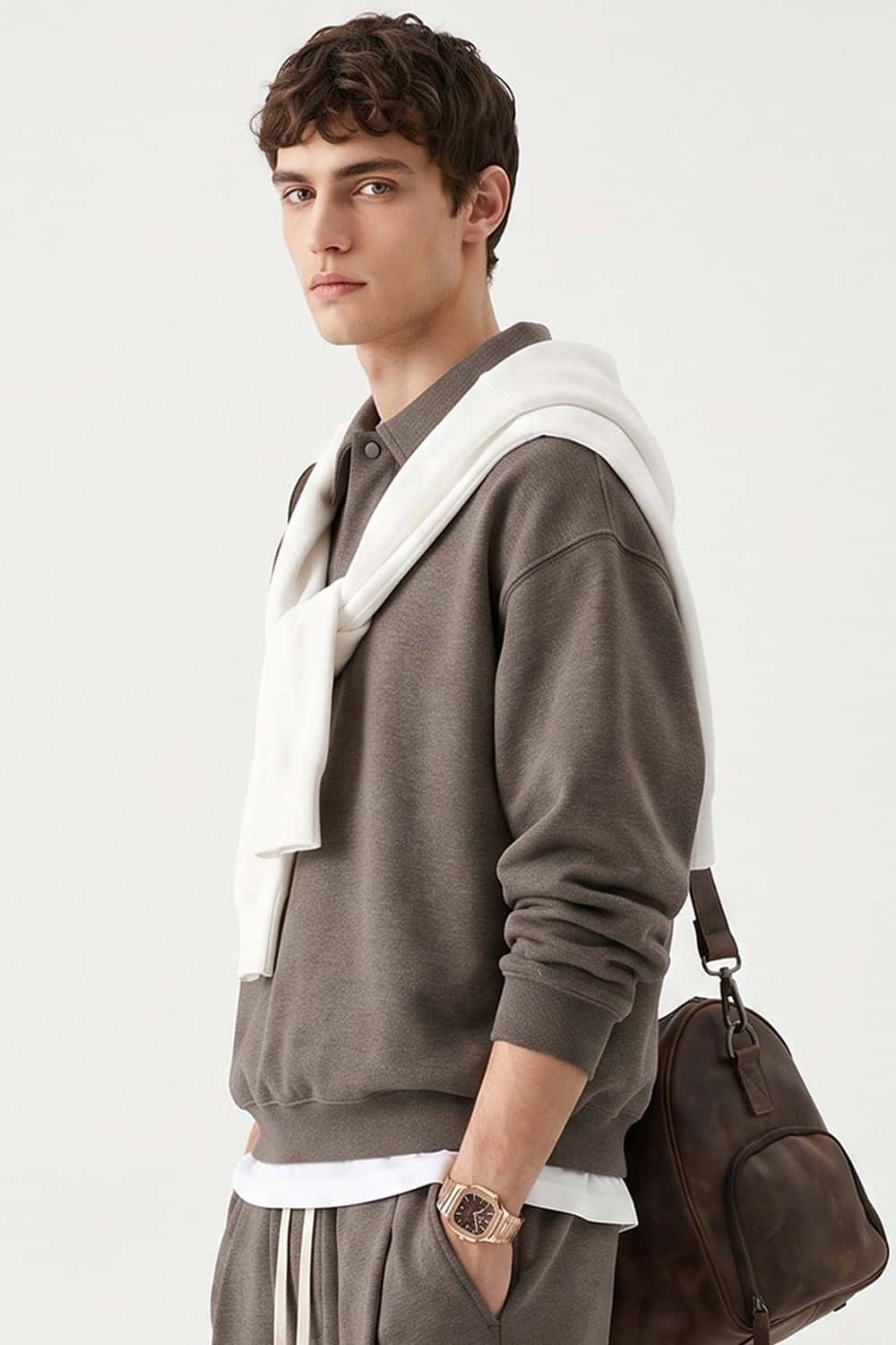 Heavyweight Long-Sleeve Polo Shirt in Coffee - side modeled view