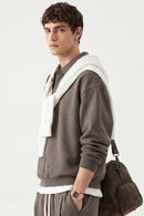 Heavyweight Long-Sleeve Polo Shirt in Coffee - side modeled view