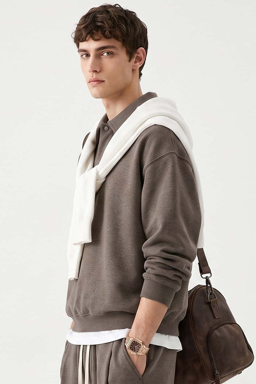 Heavyweight Long-Sleeve Polo Shirt in Coffee - side modeled view