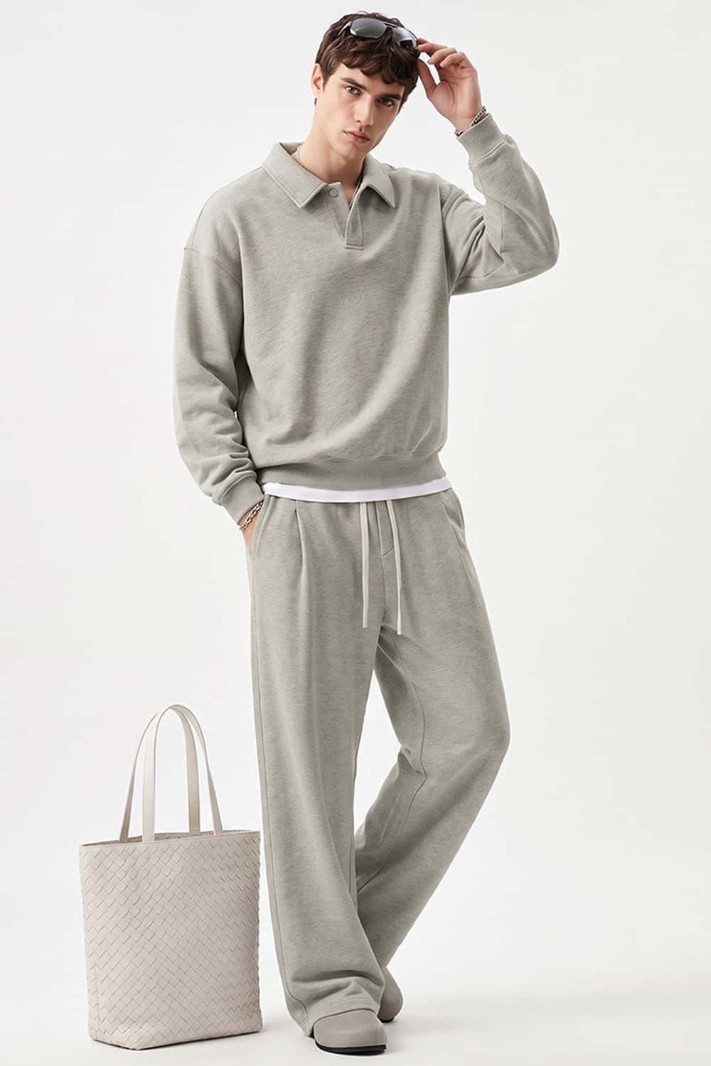 Heavyweight Long-Sleeve Polo Shirt in Oat Gray - full-length front modeled view