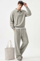 Heavyweight Long-Sleeve Polo Shirt in Oat Gray - full-length front modeled view