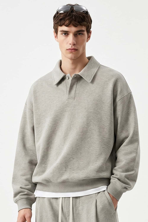 Heavyweight Long-Sleeve Polo Shirt in Oat Gray - full-length front modeled view