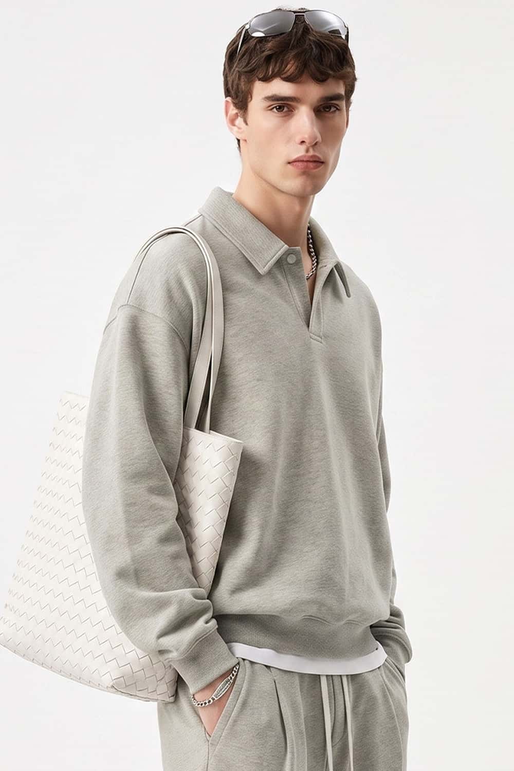 Heavyweight Long-Sleeve Polo Shirt in Oat Gray - front modeled view