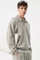 Heavyweight Long-Sleeve Polo Shirt in Oat Gray - front modeled view