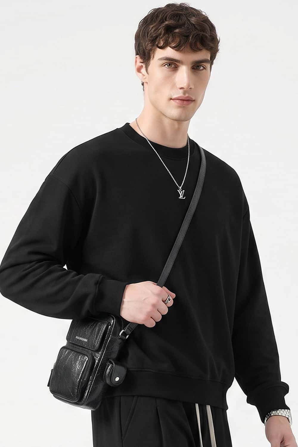 Heavyweight Drop-Shoulder Sweatshirt in Black - front modeled view