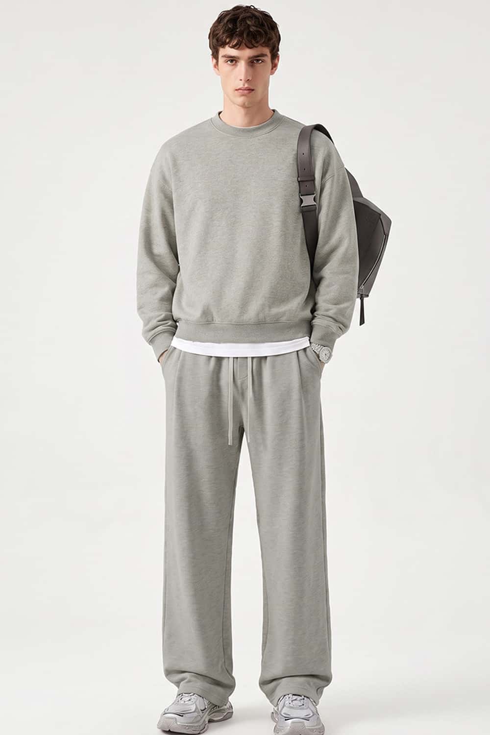 Heavyweight Drop-Shoulder Sweatshirt in Oat Gray - full-length front modeled view