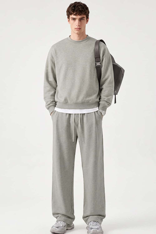 Heavyweight Drop-Shoulder Sweatshirt in Oat Gray - full-length front modeled view