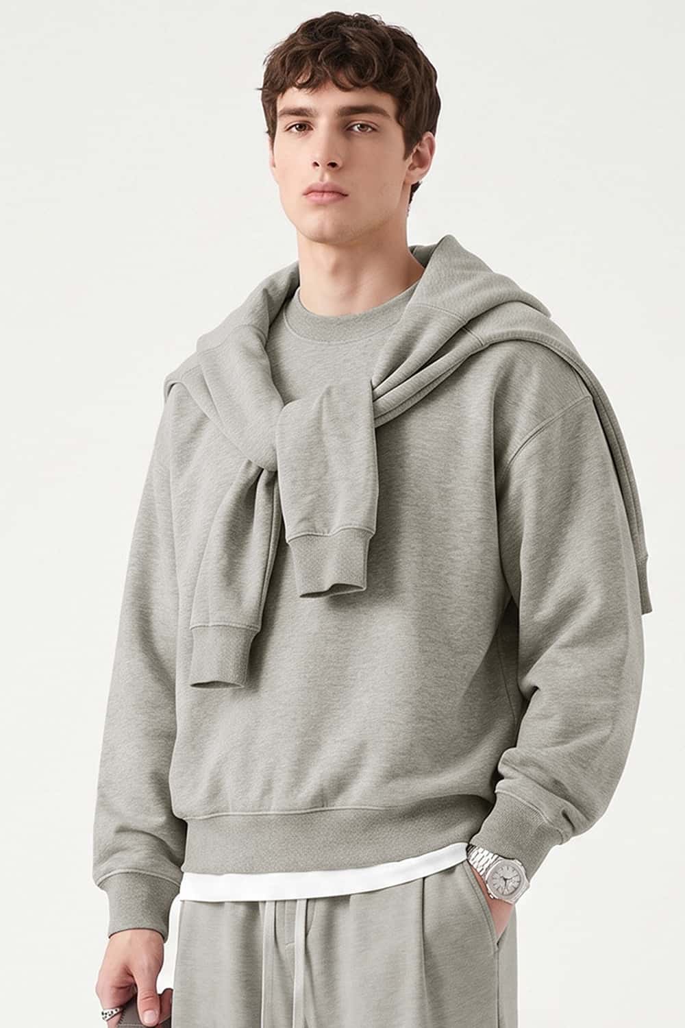 Heavyweight Drop-Shoulder Sweatshirt in Oat Gray - front modeled view