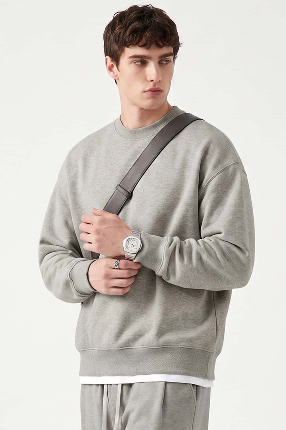 Heavyweight Drop-Shoulder Sweatshirt in Oat Gray - front modeled view