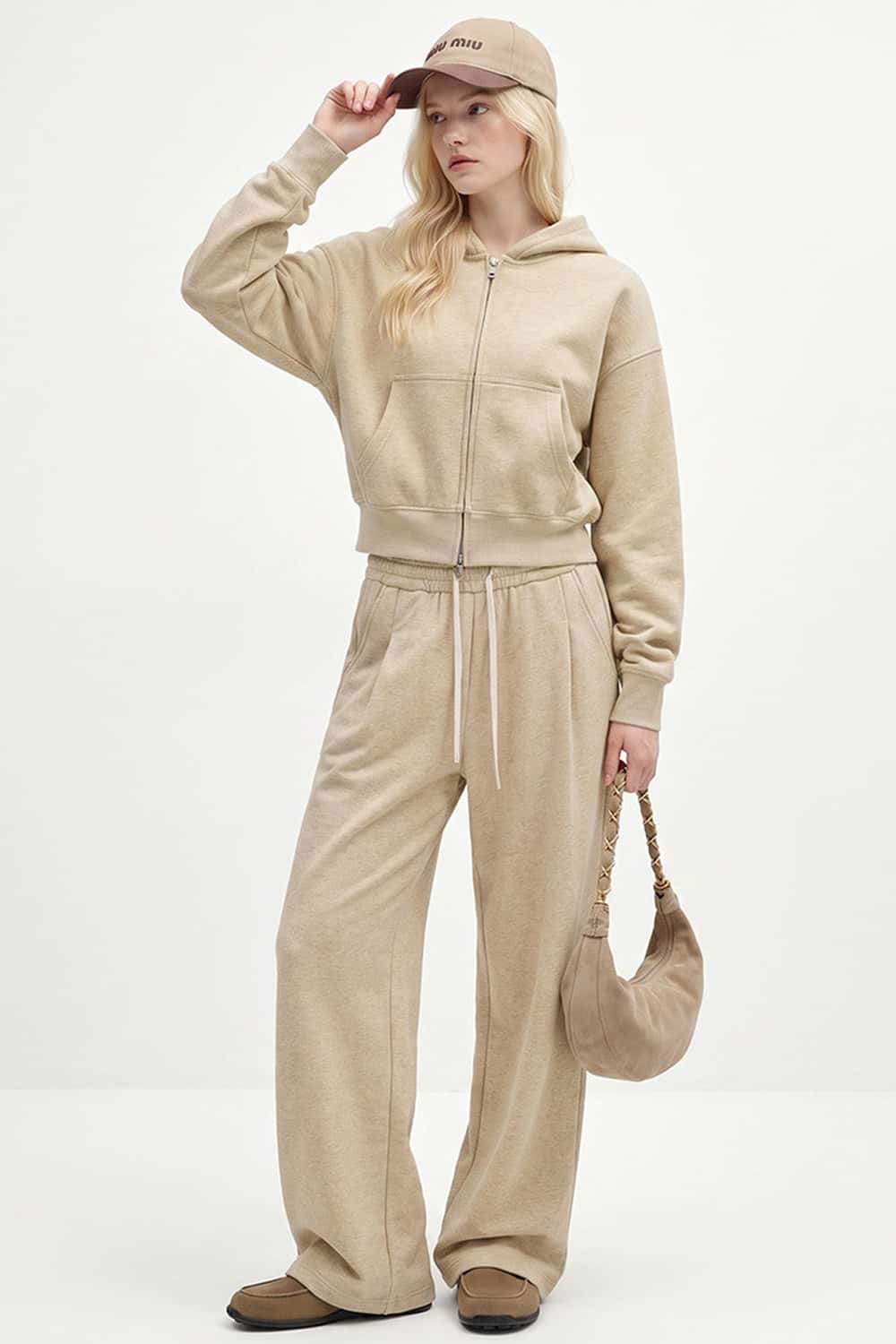 Cropped Two-Way Zip Hoodie in Apricot - full-length front modeled view