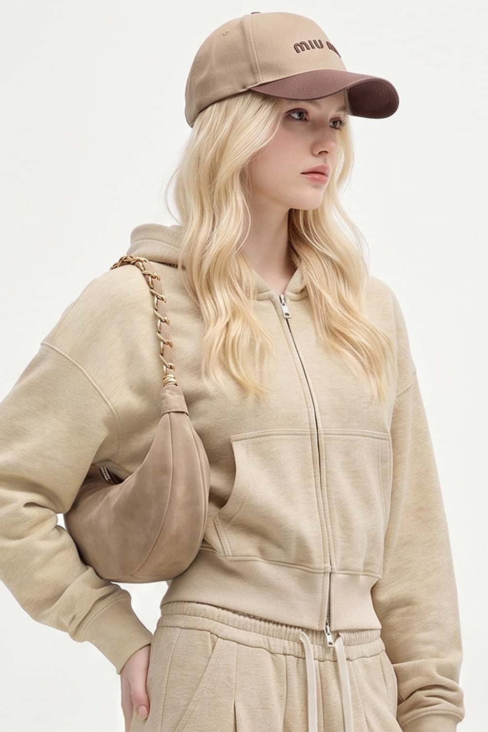 Cropped Two-Way Zip Hoodie in Apricot - three-quarter front modeled view