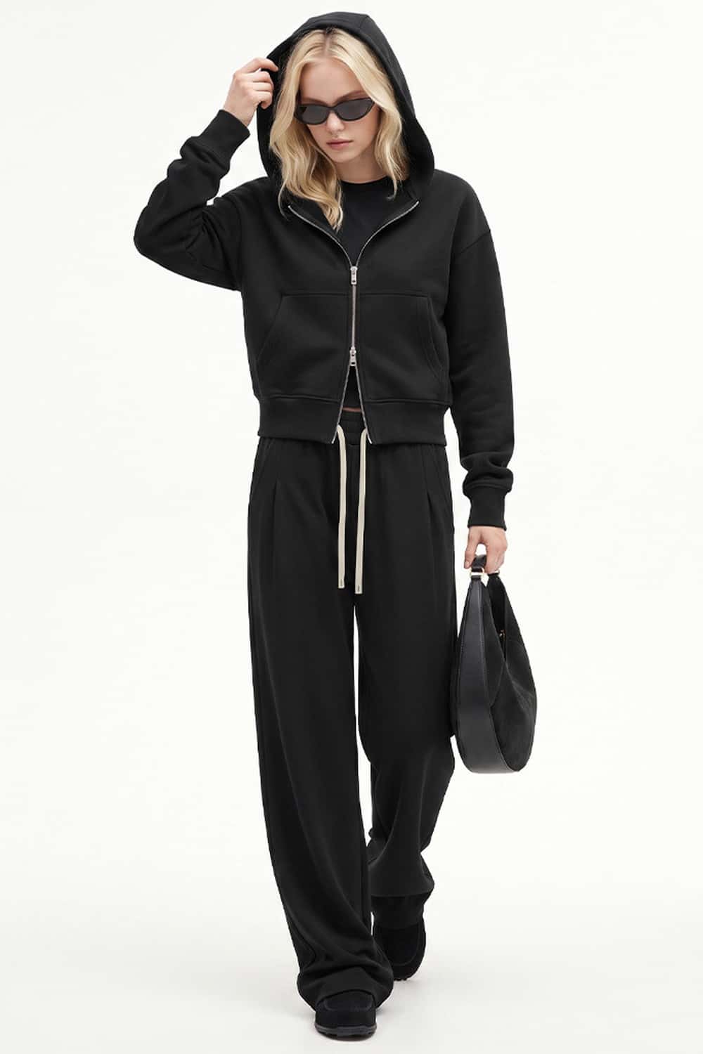 Cropped Two-Way Zip Hoodie in Black - full-length front modeled view