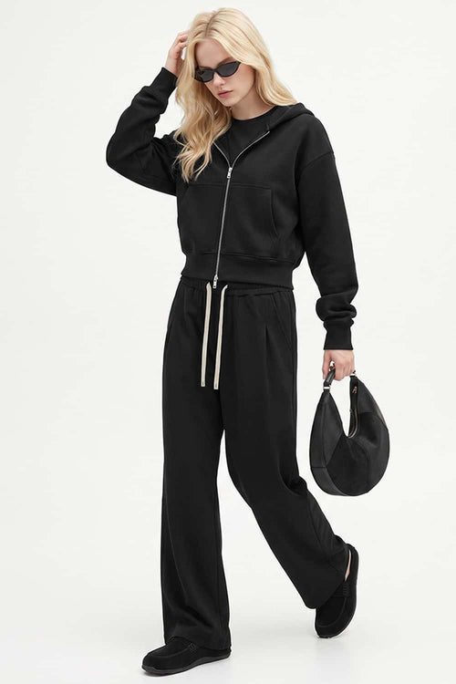 Cropped Two-Way Zip Hoodie in Black - three-quarter front modeled view