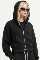 Cropped Two-Way Zip Hoodie in Black - full-length front modeled view